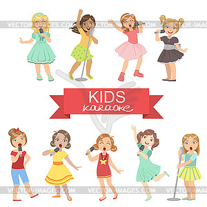 Young Girls Singing In Karaoke - stock vector clipart