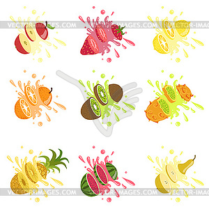 Fruits Cut In Air Splashing Juice - vector clip art