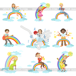 Kids Playing Music Instruments With Rainbow And - royalty-free vector image