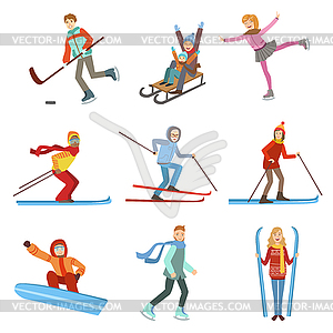 People Doing Winter Sports Set - vector clipart