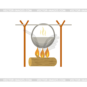 Pot Warming Up On Camp Fire - vector clipart