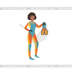 Female Snorkeler In Long Suit Holding Fins - stock vector clipart