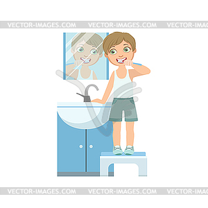 Boy Brushing Teeth In Front Of Mirror - vector clipart