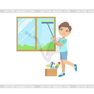 Boy Washing Window With Wiper - vector clip art