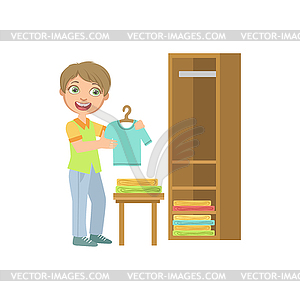 Boy Putting Clean Clothes In Dresser - royalty-free vector clipart