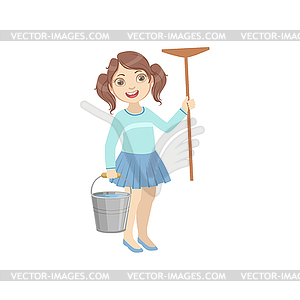 Girl Holding Mop And Water Bucket - vector image