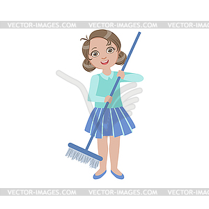 Girl Sweeping Floor With Broom - vector clip art