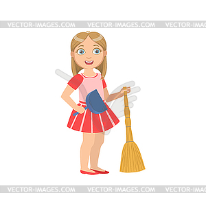 Girl Holding Broom And Duster - color vector clipart