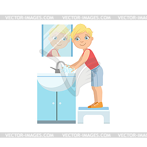 Boy Washing Hands In Bathroom Tap - vector clipart