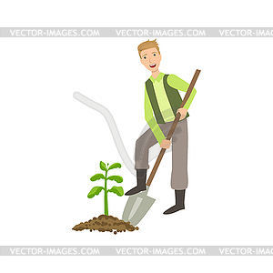 Guy Digging Soil Around Plant - vector clipart / vector image