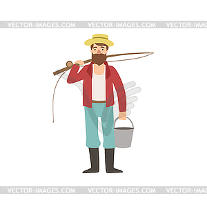 Bearded Man With Fishing Rod And Bucket - vector image