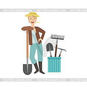 Guy Leaning On Spade With Bucket Of Other Farm - vector image