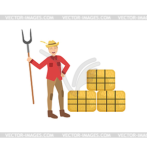Guy With Farm Fork And Three Hay Stacks - vector clip art