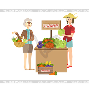 Farmer Vegetables Stand On Outdoors Market - vector clip art