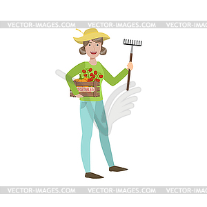 Woman Farmer Holding Rake And Crate Of Vegetables - vector clipart