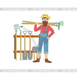 Bearded Man With Stack Of Farming Equipment - vector clip art