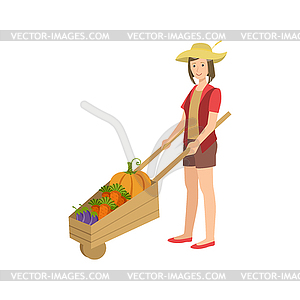 Woman With Wooden Wheel Barrel Filled Vegetables - vector image