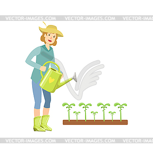 Woman Watering Sprouts of Can - vector image