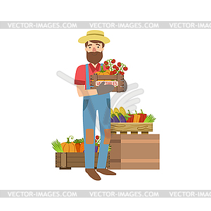 Farmer With Beard Holding Wooden Crate Vegetables - vector image