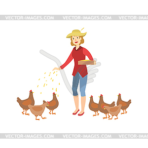 Woman Feeding Chickens - color vector clipart