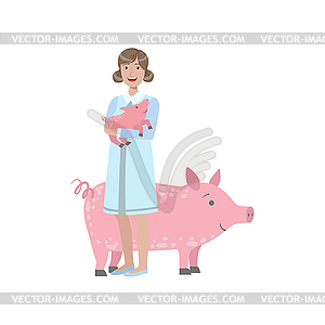Woman In White Gown Holding Piglet With Adult Pig - vector clip art