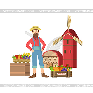 Bearded Farmer Selling Vegetables In Small Town - vector clipart