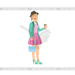 Girl In Pink Skirt , Turquoise Jacket And Hat - vector clip art