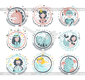 Fairy Tale Heroes Girly Stickers In Round Frames - vector image