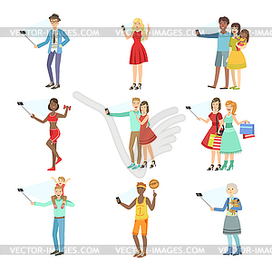 People Taking Picture With Selfie Stick Set Of s - vector image