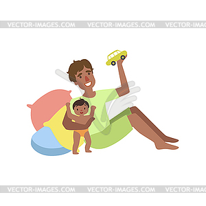 Dad Plays With Baby Toy Car - vector clipart