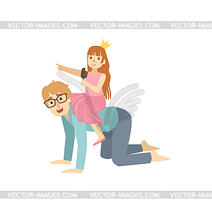 Little Girl In Crown Riding Her Dad Like Horse - vector clipart