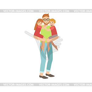 Dad Holding Twin Kids On His Hands - vector clip art