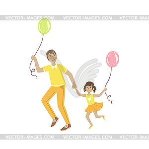 Dad Playing With Daughter Air Balloons - vector clipart