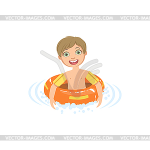 Boy In Water With Round Float - vector clipart