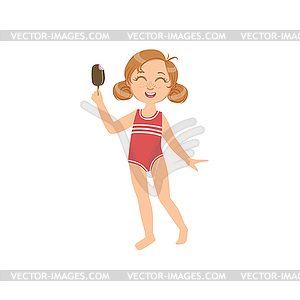 Girl In Swimsuit Eating Ice-Cream On Stick - vector image