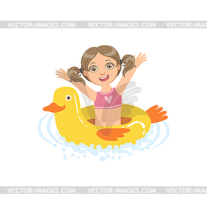 Girl In Water With Toy Duck Float - vector clipart