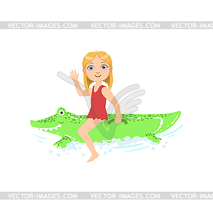 Girl Riding Inflatable Crocodile Toy In Water - vector clipart