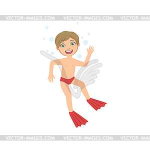 Boy Wearing Fins In Water - vector clipart