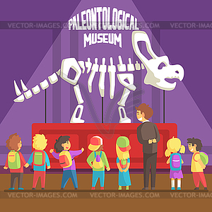 Groop Of School Kids In Paleontology Museum Next - vector clip art