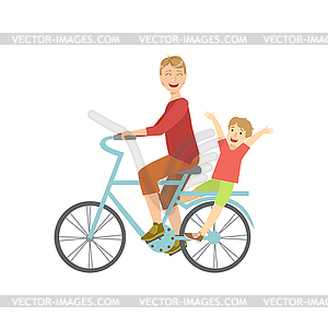 Father Riding Bicycle With His Kid On Back - vector image