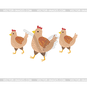 Three Brown Chickens Wakling - vector image