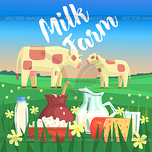 Landscape With Two Cows And Milk Products On - vector EPS clipart