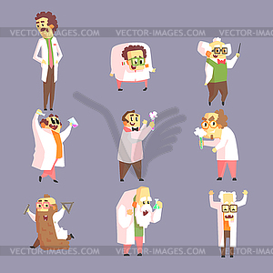 Set Of Funny Mad Scientists In Lab Coats - vector image