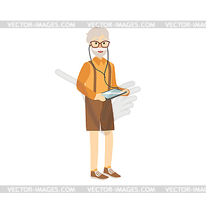 Old Man With Tablet And Headphones - vector clipart