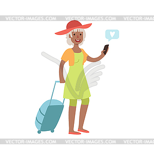 Old Lady Travelling And Texting - stock vector clipart