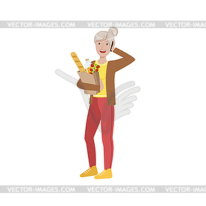 Old Lady Shopping And Speaking On Mobile - vector image