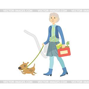 Old Lady Walking Dog - vector image