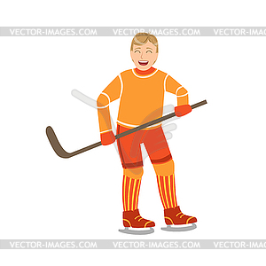 Guy Playing Hockey In Orange Uniform - vector clipart