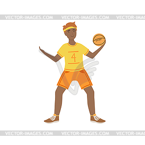 Человек в желтой форме играть в баскетбол - векторное изображение EPS