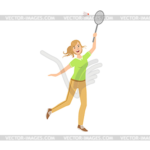 Woman Playing Badminton With Shuttlecock - vector image